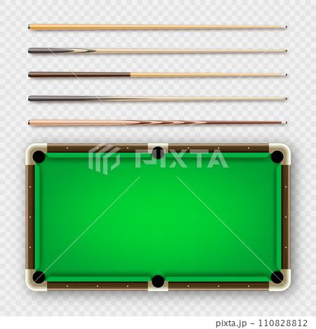 Various wooden billiard cues and green pool table. Snooker sports equipment. Vintage cue. Recreation and hobby, competitive game. Vector illustration 110828812
