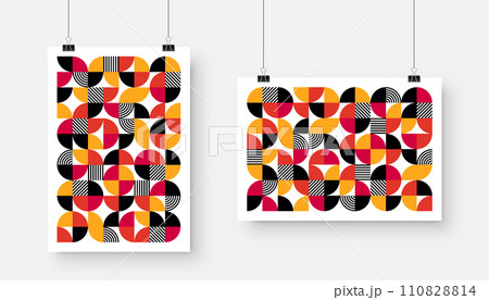 Picture with geometric trendy pattern, Bauhaus style. Modern background, simple elements. Retro texture, basic geometric shapes. Print design, minimalist poster cover. Vector illustration 110828814