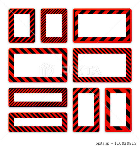 Various blank warning signs with diagonal lines. Yellow attention, danger or caution sign, construction site signage. Realistic notice signboard, warning banner, road shield. Vector illustration 110828815