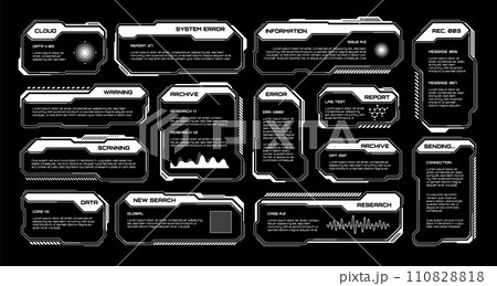 White futuristic HUD, UI elements. Sci-fi user interface text boxes, callouts. Warning message frames, information boxes template. Modern game interface layout in digital style. Vector illustration 110828818