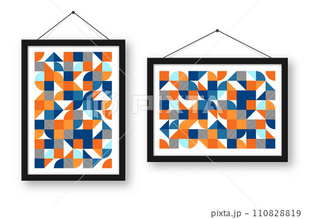 Picture frame with geometric trendy pattern, Bauhaus style. Modern background, simple elements. Retro texture, basic geometric shapes. Print design, minimalist poster cover. Vector illustration 110828819