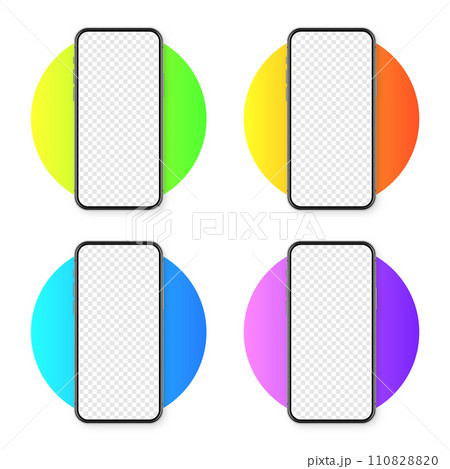 Realistic smartphone with blank touch screen on colorful background. Frameless mobile phone in front view. High quality detailed device mockup. Vector illustration 110828820