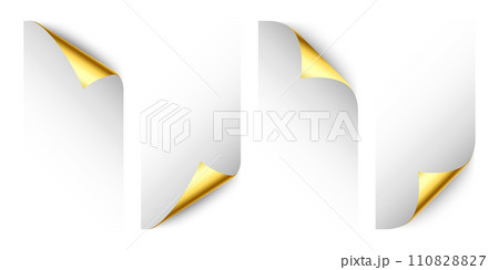 Set of golden paper curls. Curled page corner with shadow. Blank sheet of paper. Colorful shiny foil. Design element for advertising and promotion. Vector illustration. 110828827