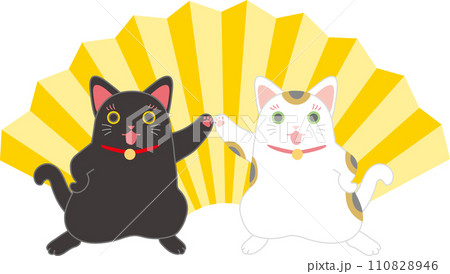 招き猫_ダンシング招き猫_扇入り_二匹で腰に手を当ておてて繋ぎポーズ 110828946
