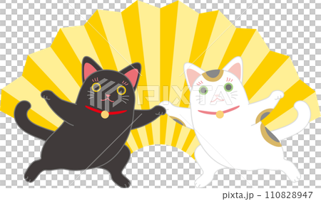 招き猫_ダンシング招き猫_扇入り_両手を広げて手を取り合ってポーズ決める招き猫二匹 110828947