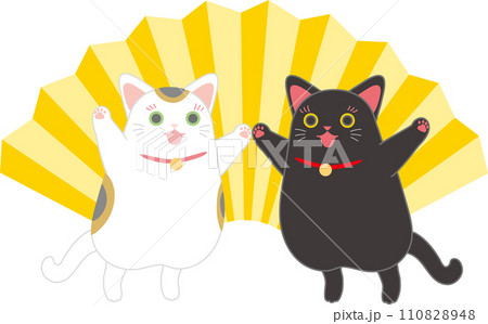 招き猫_ダンシング招き猫_扇入り_両側からお手手繋いでジャンプする招き猫二匹 110828948