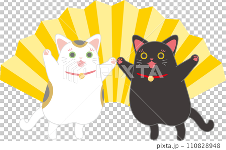 招き猫_ダンシング招き猫_扇入り_両側からお手手繋いでジャンプする招き猫二匹 110828948