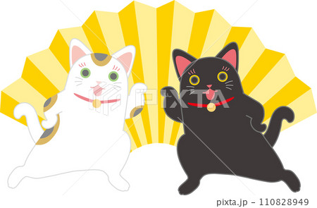 招き猫_ダンシング招き猫_扇入り_両側からお手手招いてポーズ決める招き猫二匹 110828949
