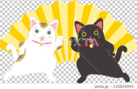 招き猫_ダンシング招き猫_扇入り_両側からお手手招いてポーズ決める招き猫二匹 110828949