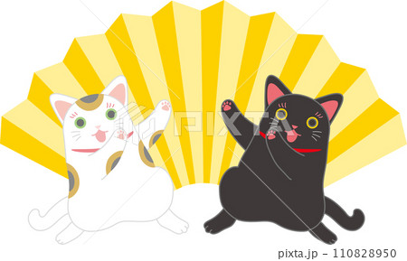 招き猫_ダンシング招き猫_扇入り_両側からヲタポーズ決める招き猫二匹 110828950