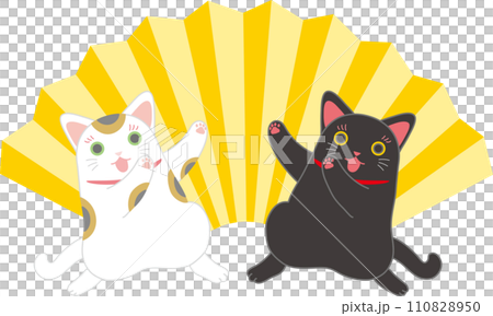 招き猫_ダンシング招き猫_扇入り_両側からヲタポーズ決める招き猫二匹 110828950