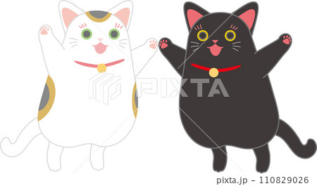 招き猫_ダンシング招き猫_両側からお手手繋いでジャンプする招き猫二匹 招き猫_ダンシング招き猫_両側からお手手繋いでジャンプする招き猫二匹 110829026