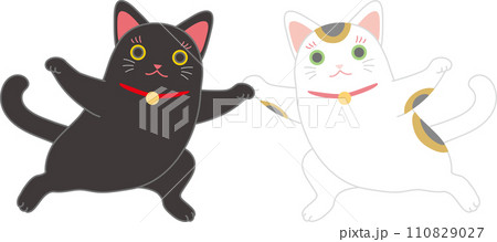 招き猫_ダンシング招き猫_両手を広げて手を取り合ってポーズ決める招き猫二匹 110829027