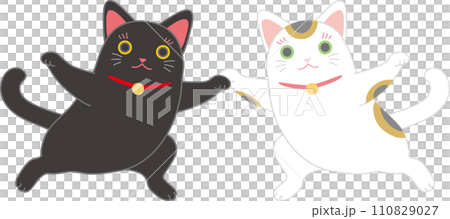 招き猫_ダンシング招き猫_両手を広げて手を取り合ってポーズ決める招き猫二匹 110829027