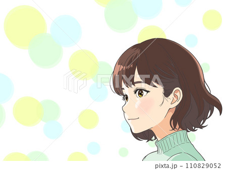 笑顔の女性の横顔(AI生成画像)と水玉模様の背景イラストセット【A4・横】 笑顔の女性の横顔(AI生成画像)と水玉模様の背景イラストセット【A4・横】 110829052