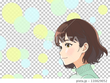 笑顔の女性の横顔(AI生成画像)と水玉模様の背景イラストセット【A4・横】 笑顔の女性の横顔(AI生成画像)と水玉模様の背景イラストセット【A4・横】 110829052