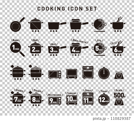 單色向量烹飪圖示集：烹飪方法和時間 110829387