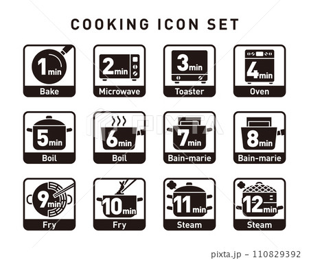 モノクロの四角フレームベクター調理アイコンセット：調理方法と時間 110829392