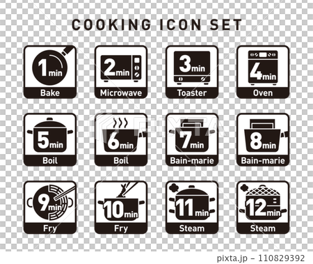 モノクロの四角フレームベクター調理アイコンセット：調理方法と時間 110829392