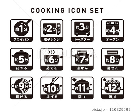 モノクロの四角フレームベクター調理アイコンセット：調理方法と時間 110829393