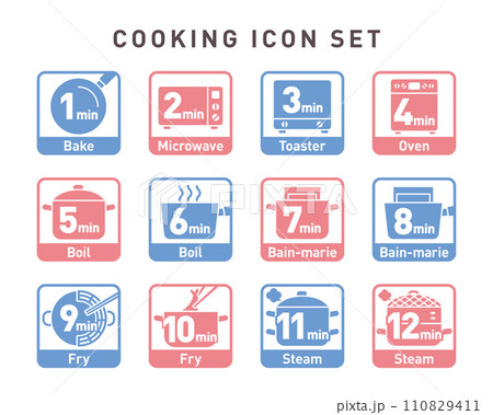 四角フレームベクター調理アイコンセット：調理方法と時間 110829411