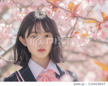 桜並木と女子生徒 入学卒業イメージ(AI生成画像) 桜並木と女子生徒 入学卒業イメージ(AI生成画像) 110829647