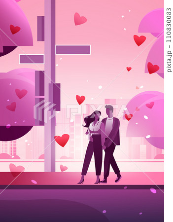 man woman lovers walking in park with red hearts in air happy valentines day celebration concept cityscape background man woman lovers walking in park with red hearts in air happy valentines day celebration concept cityscape background 110830083
