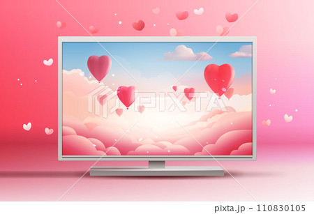 computer monitor screen with pink air balloons in heart shape flying in sky happy valentine day greeting card shopping poster or voucher 110830105