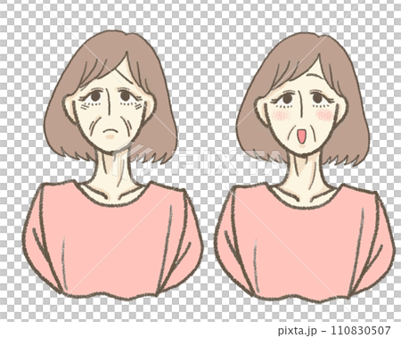 クレヨンで描いた50代女性の不満顔と喜ぶ顔のセット 110830507
