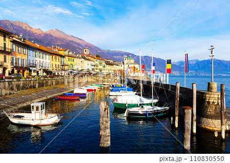 Buildings and boats along lakeshore in Cannobio, Piedmont, Italy Buildings and boats along lakeshore in Cannobio, Piedmont, Italy 110830550