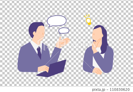 Illustration of a business person giving advice and suggestions to customers and solving problems Illustration of a business person giving advice and suggestions to customers and solving problems 110830620