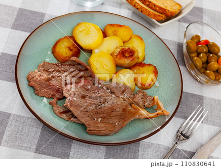 Fresh beef steak served with fried potatoes Fresh beef steak served with fried potatoes 110830641