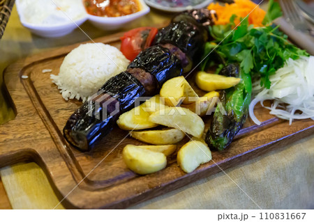 Traditional Turkish Patlicanli kebap from eggplant and minced lamb Traditional Turkish Patlicanli kebap from eggplant and minced lamb 110831667