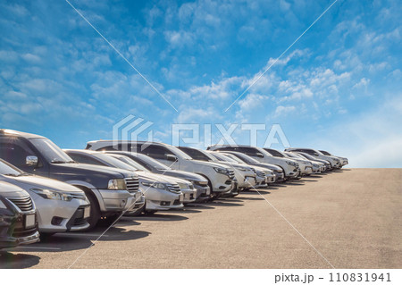 Lot of used car for sales in stock with sky and clouds 110831941