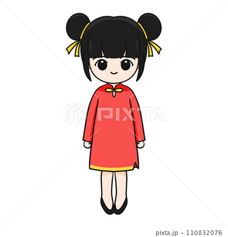 Chinese New Year Cartoon Character illustration: Adorable Girl with Black Hair and Lucky Aura. 110832076