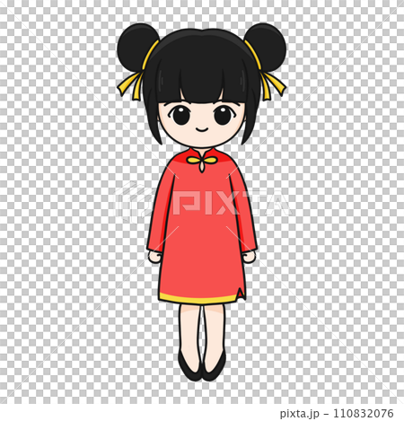 Chinese New Year Cartoon Character illustration: Adorable Girl with Black Hair and Lucky Aura. 110832076