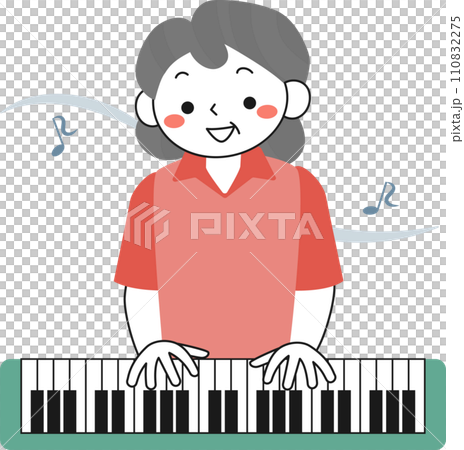 キーボードを演奏するシニア女性 110832275
