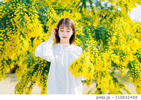 ミモザの花に囲まれる若い女性 ミモザの花に囲まれる若い女性 110832488