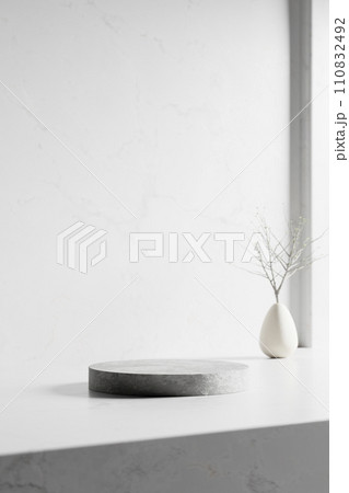 A background rich in shading that you can use in your designs. Textured walls and podium with sunlight shining through. 110832492
