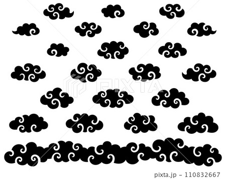 中華風の渦巻雲のシルエットとラインセット 中華風の渦巻雲のシルエットとラインセット 110832667
