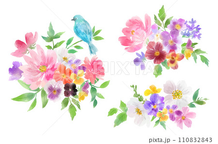 青い鳥とパンジー、カラフルな草花の背景用ベクターイラストセット 110832843