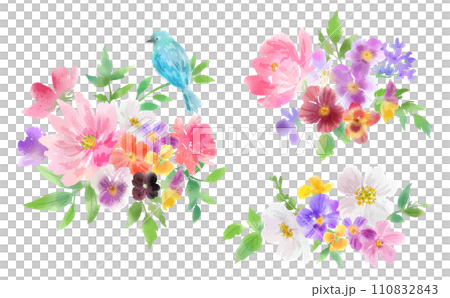 Blue bird and pansies, vector illustration set for colorful flowering background 110832843