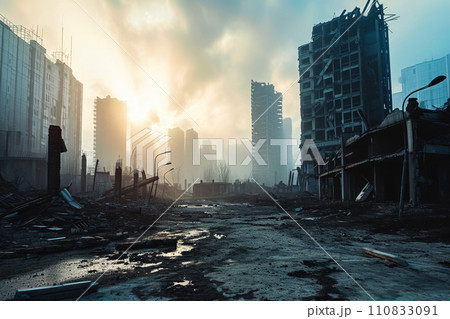 AI-generated content. Sun Shines Through Clouds Over a City in Ruins 110833091