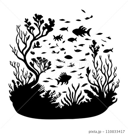 underwater world sunken vessel and seaweeds grow at rock illustration sketch hand draw  110833417
