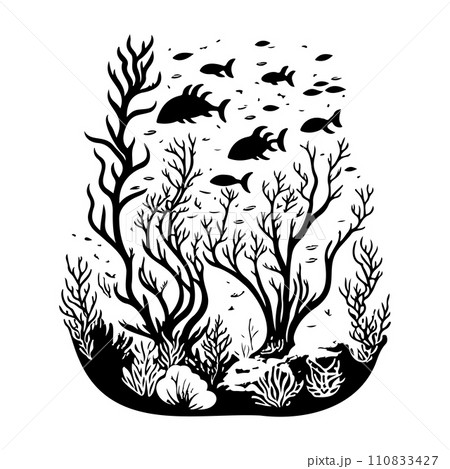 underwater world sunken vessel and seaweeds grow at rock illustration sketch hand draw underwater world sunken vessel and seaweeds grow at rock illustration sketch hand draw 110833427