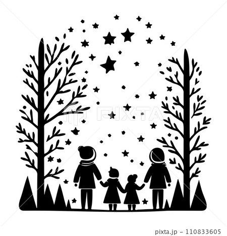 forest friend children watching shooting stars illustration sketch hand draw  110833605