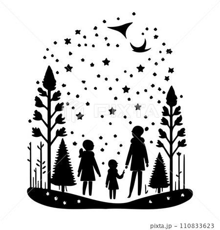 forest friend children watching shooting stars illustration sketch hand draw  110833623