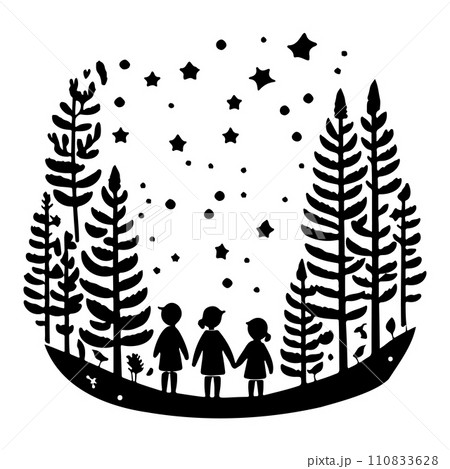 forest friend children watching shooting stars illustration sketch hand draw  110833628