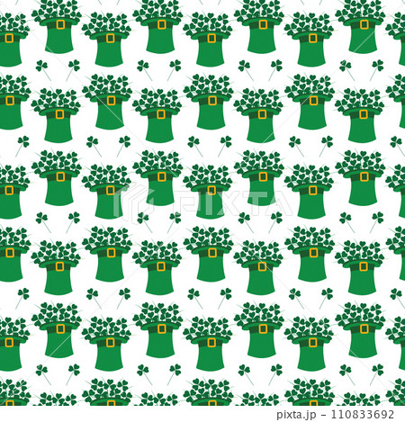 Seamless pattern of Bouquet of shamrocks in leprechaun hat with buckle on ribbon. St. Patricks field Seamless pattern of Bouquet of shamrocks in leprechaun hat with buckle on ribbon. St. Patricks field 110833692