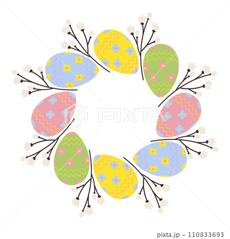 Circle frame of patterned Easter Eggs and blooming twigs. Copyspace. Easter greetings design concept 110833693